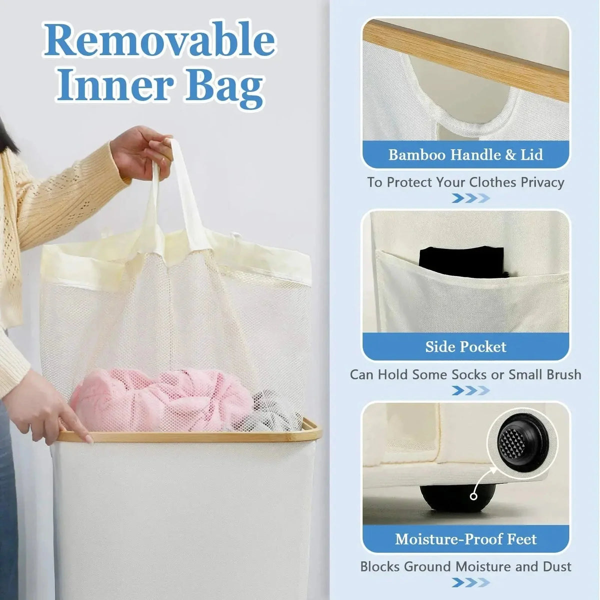 Laundry Basket Foldable 100L Breathable Polyester & Bamboo Handles