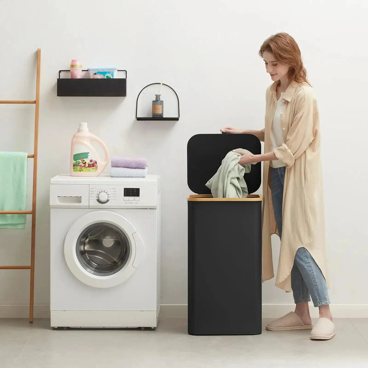 Laundry Basket Foldable 100L Breathable Polyester & Bamboo Handles