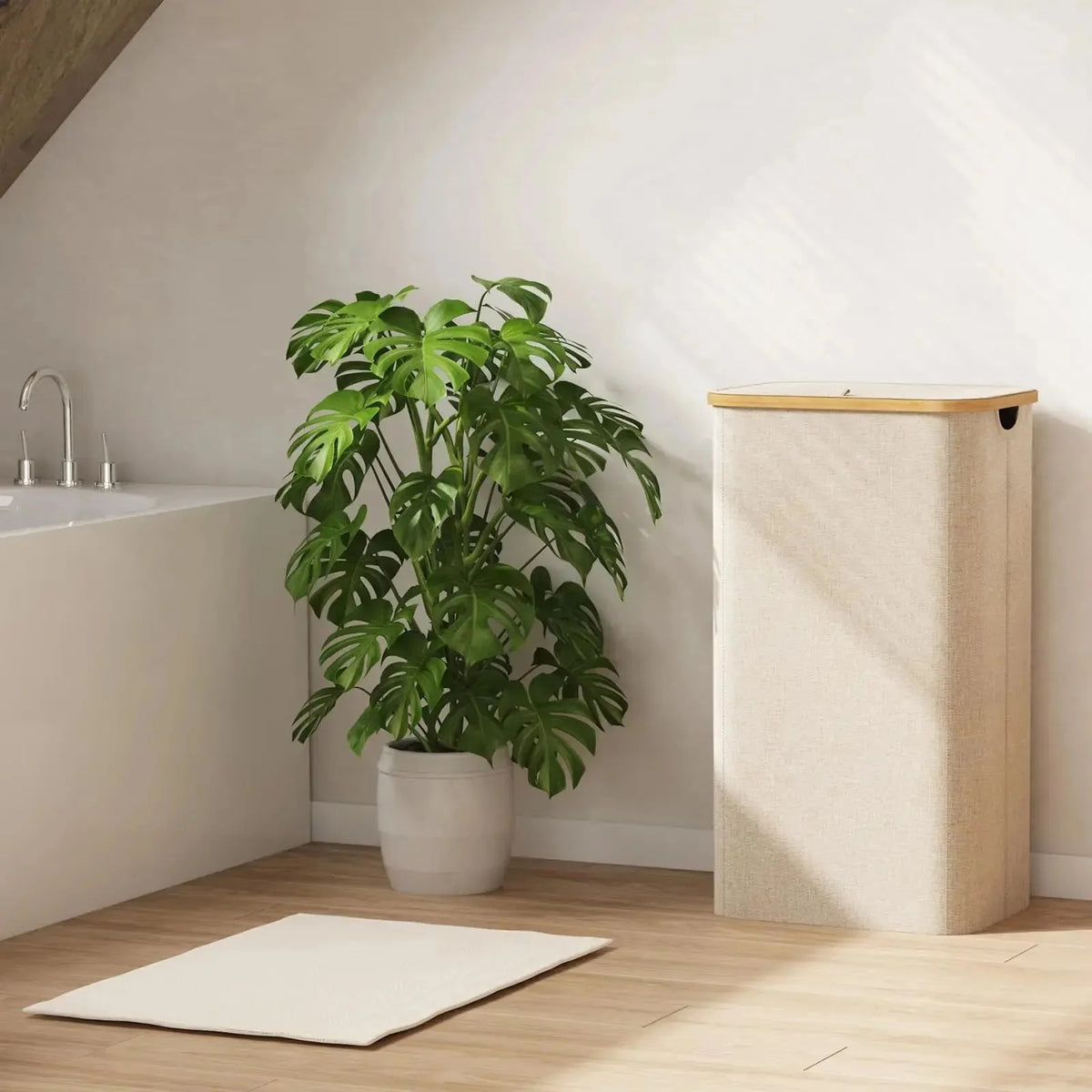 Laundry Basket Foldable 100L Breathable Polyester & Bamboo Handles