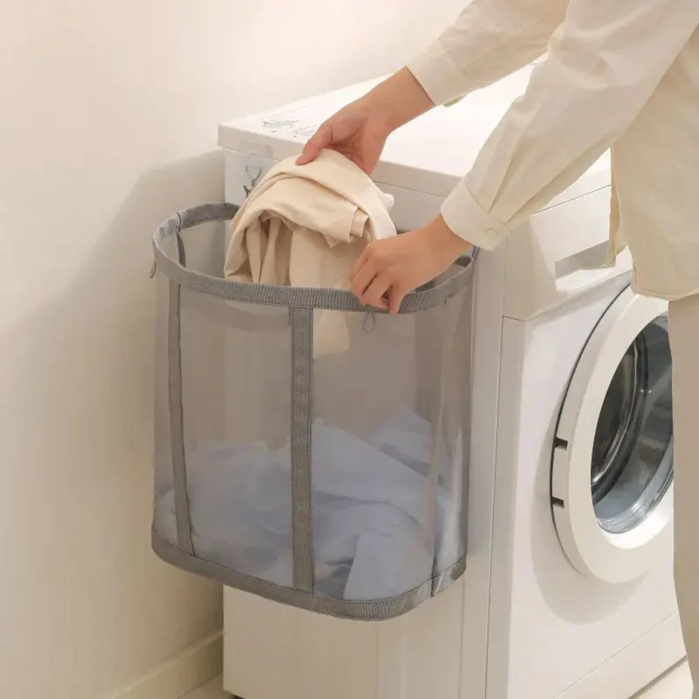 Laundry Basket Foldable Ventilated Nylon Mesh Hanging Loop