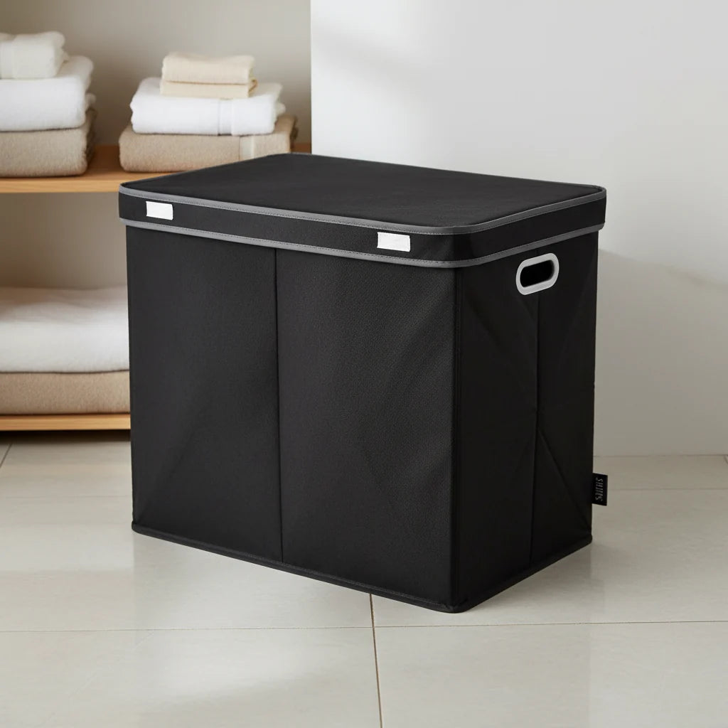 Laundry Basket Triple-Compartment Collapsible With Lid