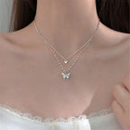 Layered Necklace Hypoallergenic Silver Butterfly Pendant & Crystal Accent