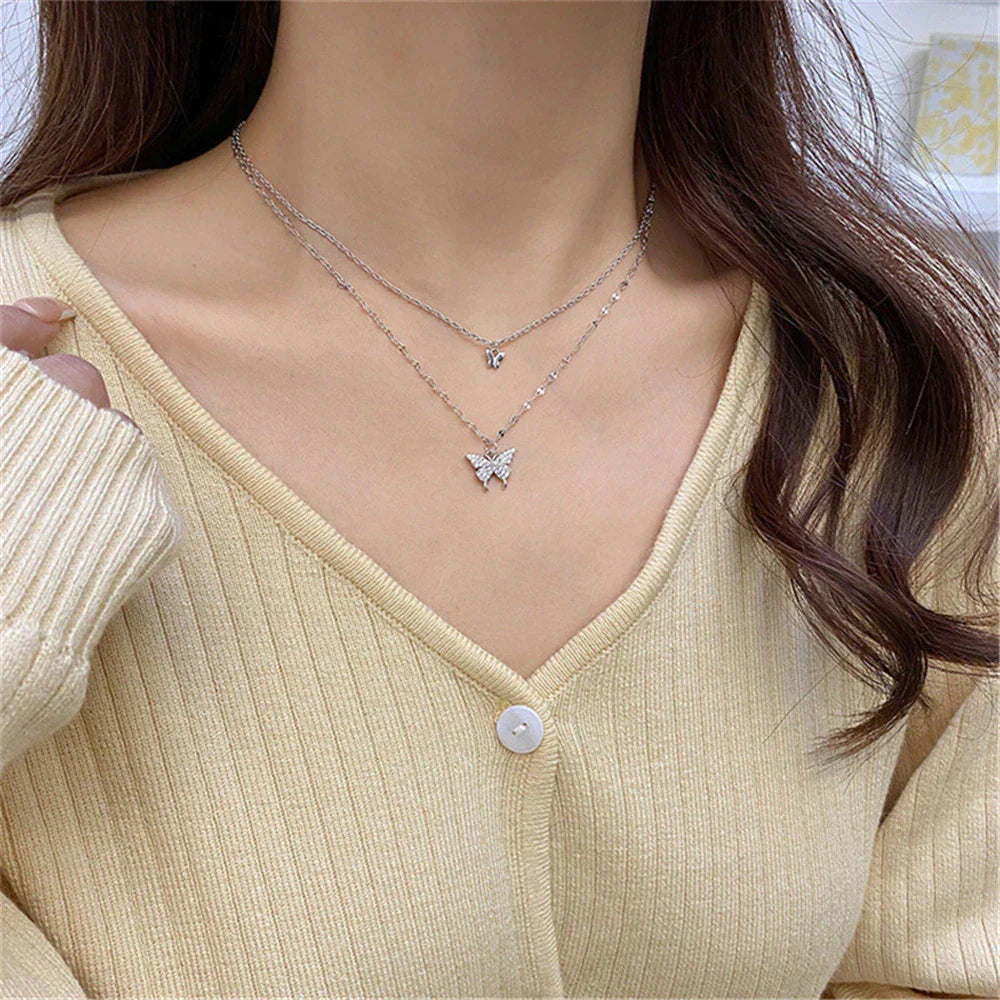 Layered Necklace Hypoallergenic Silver Butterfly Pendant & Crystal Accent