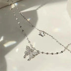 Layered Necklace Hypoallergenic Silver Butterfly Pendant & Crystal Accent