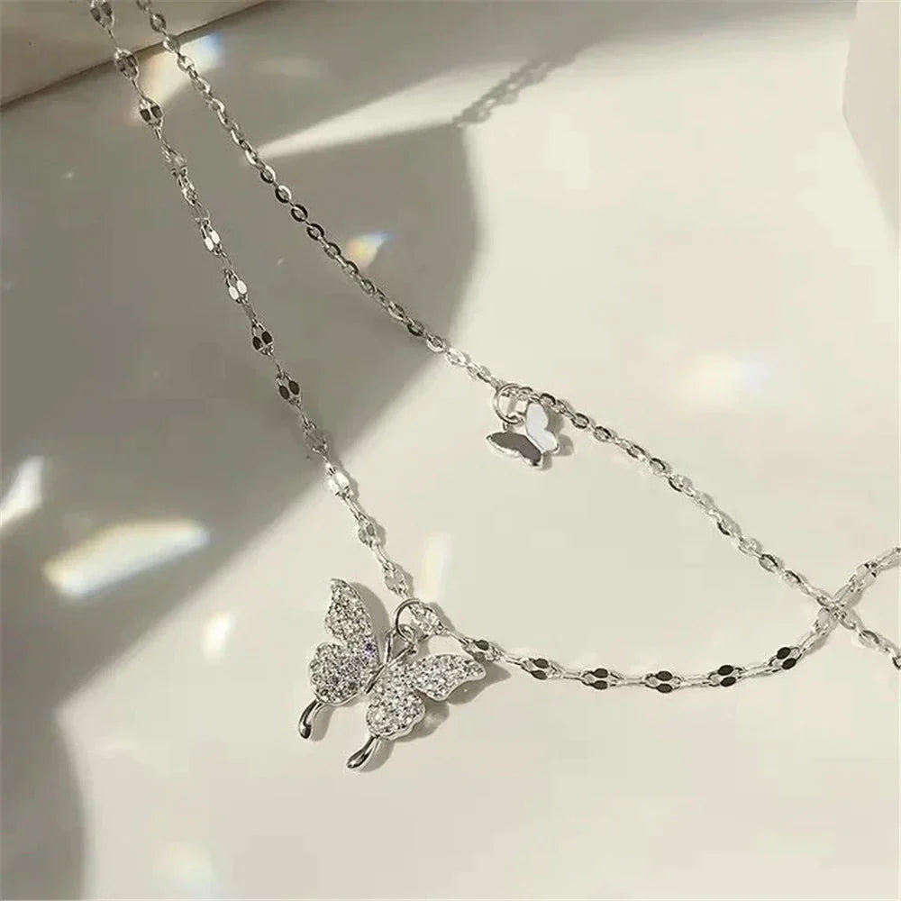 Layered Necklace Hypoallergenic Silver Butterfly Pendant & Crystal Accent