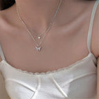 Layered Necklace Hypoallergenic Silver Butterfly Pendant & Crystal Accent