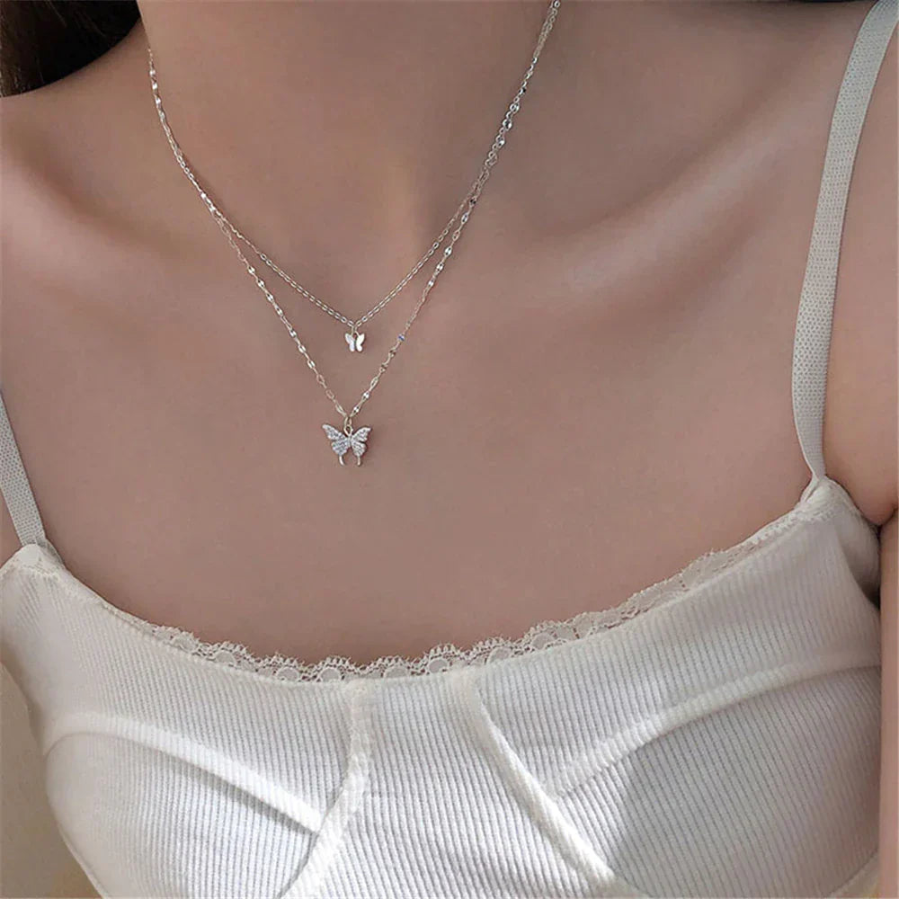 Layered Necklace Hypoallergenic Silver Butterfly Pendant & Crystal Accent