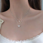 Layered Necklace Hypoallergenic Silver Butterfly Pendant & Crystal Accent