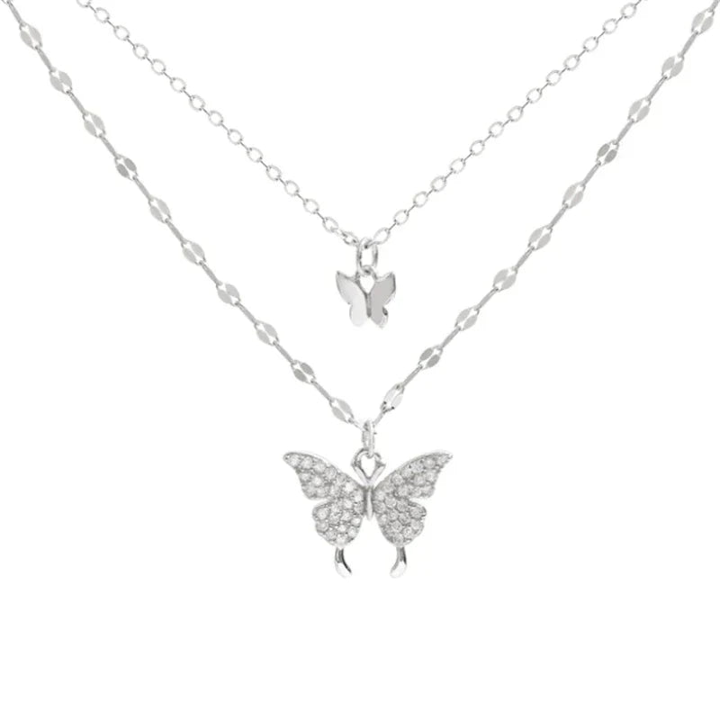 Layered Necklace Hypoallergenic Silver Butterfly Pendant & Crystal Accent