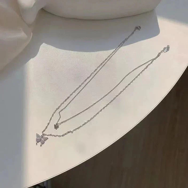 Layered Necklace Hypoallergenic Silver Butterfly Pendant & Crystal Accent