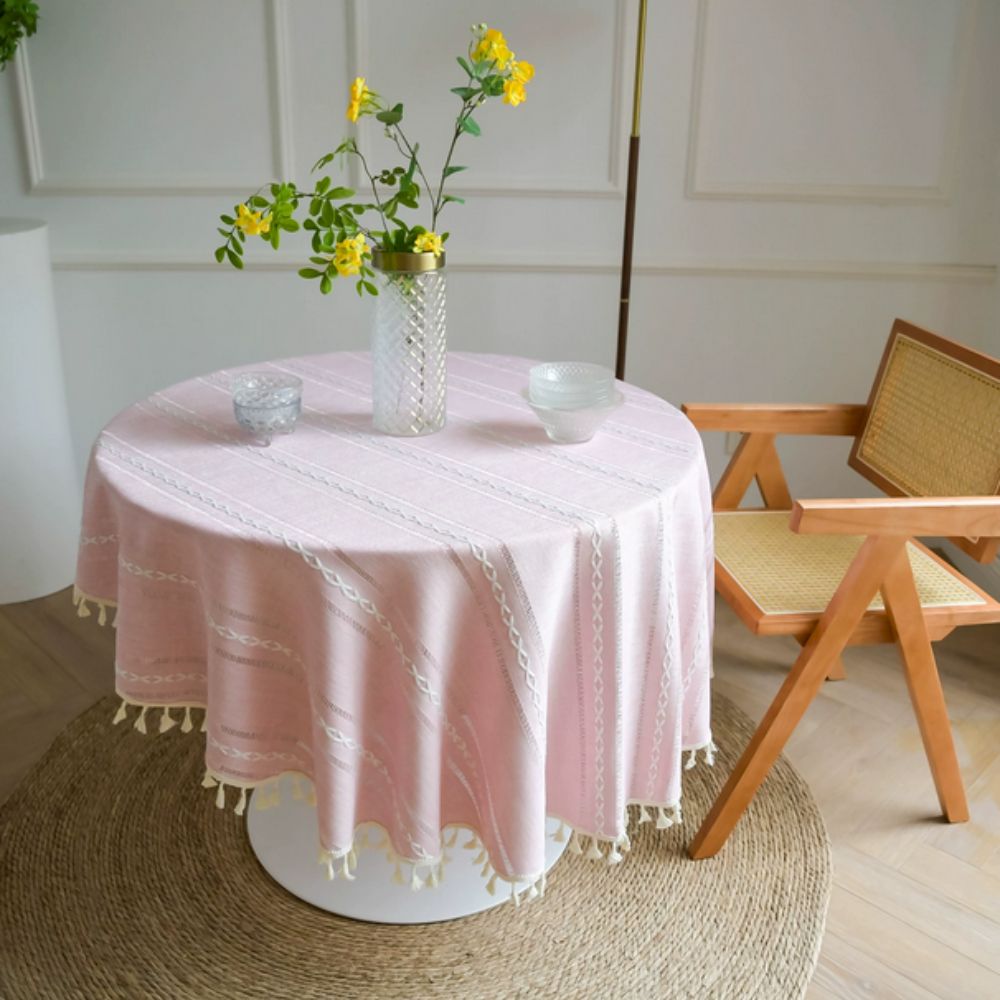 Leaf-Embroidered Microfiber Round Tablecloth (55 in)