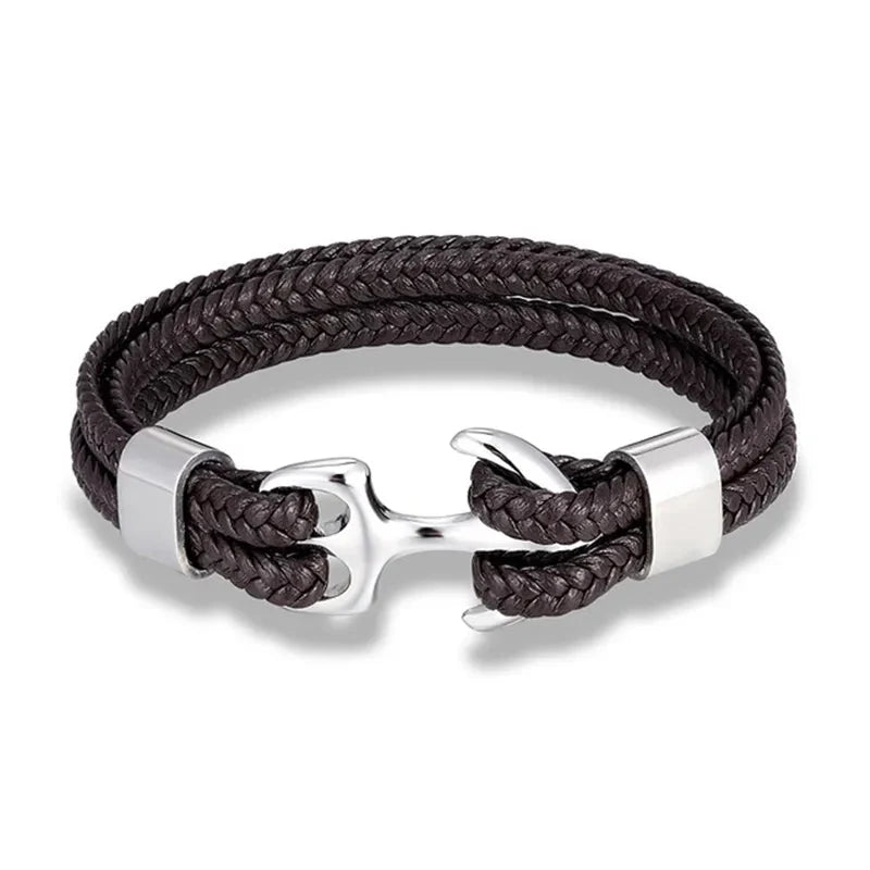 Leather Bracelet Adjustable Fit Stainless Steel Anchor