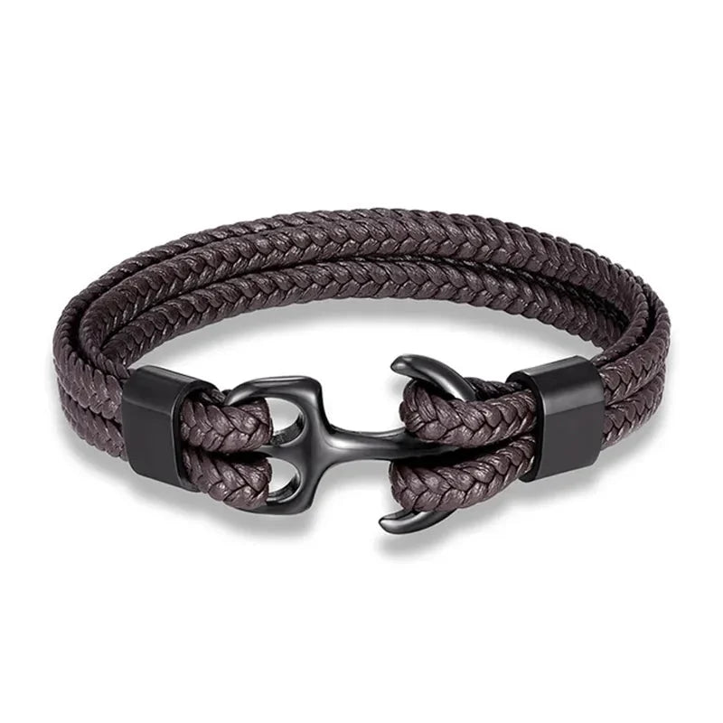 Leather Bracelet Adjustable Fit Stainless Steel Anchor