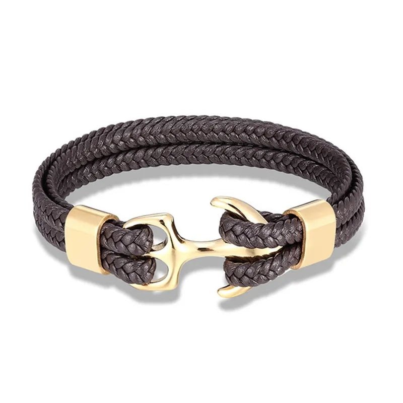 Leather Bracelet Stainless Steel Anchor Adjustable Fit