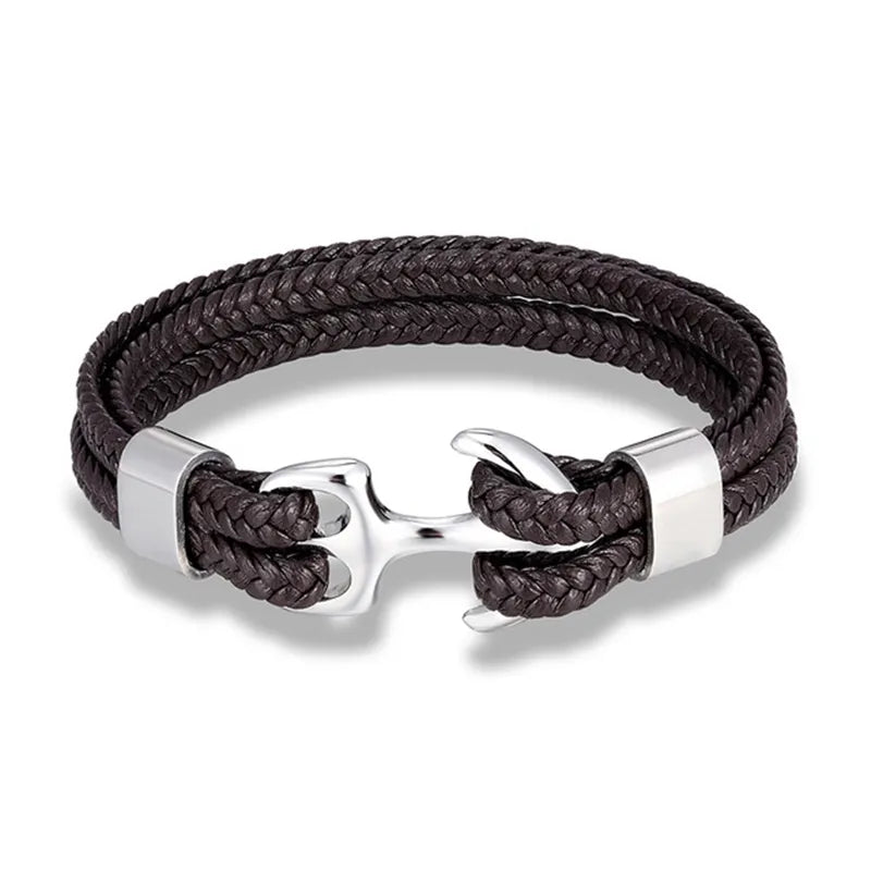 Leather Bracelet Stainless Steel Anchor Adjustable Fit