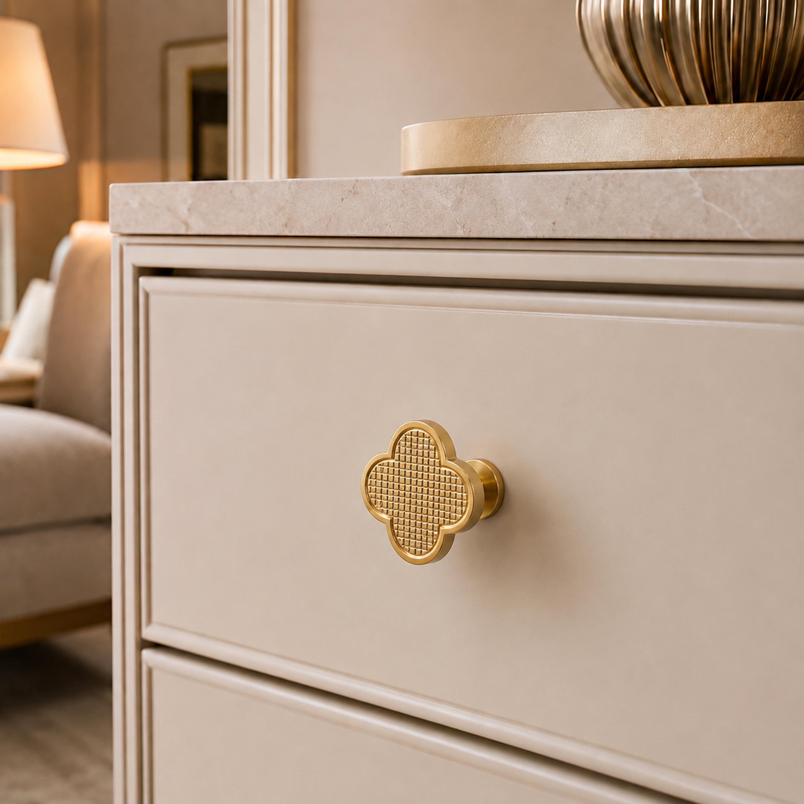 Leather & Brass Four-Leaf Clover Cabinet Knob