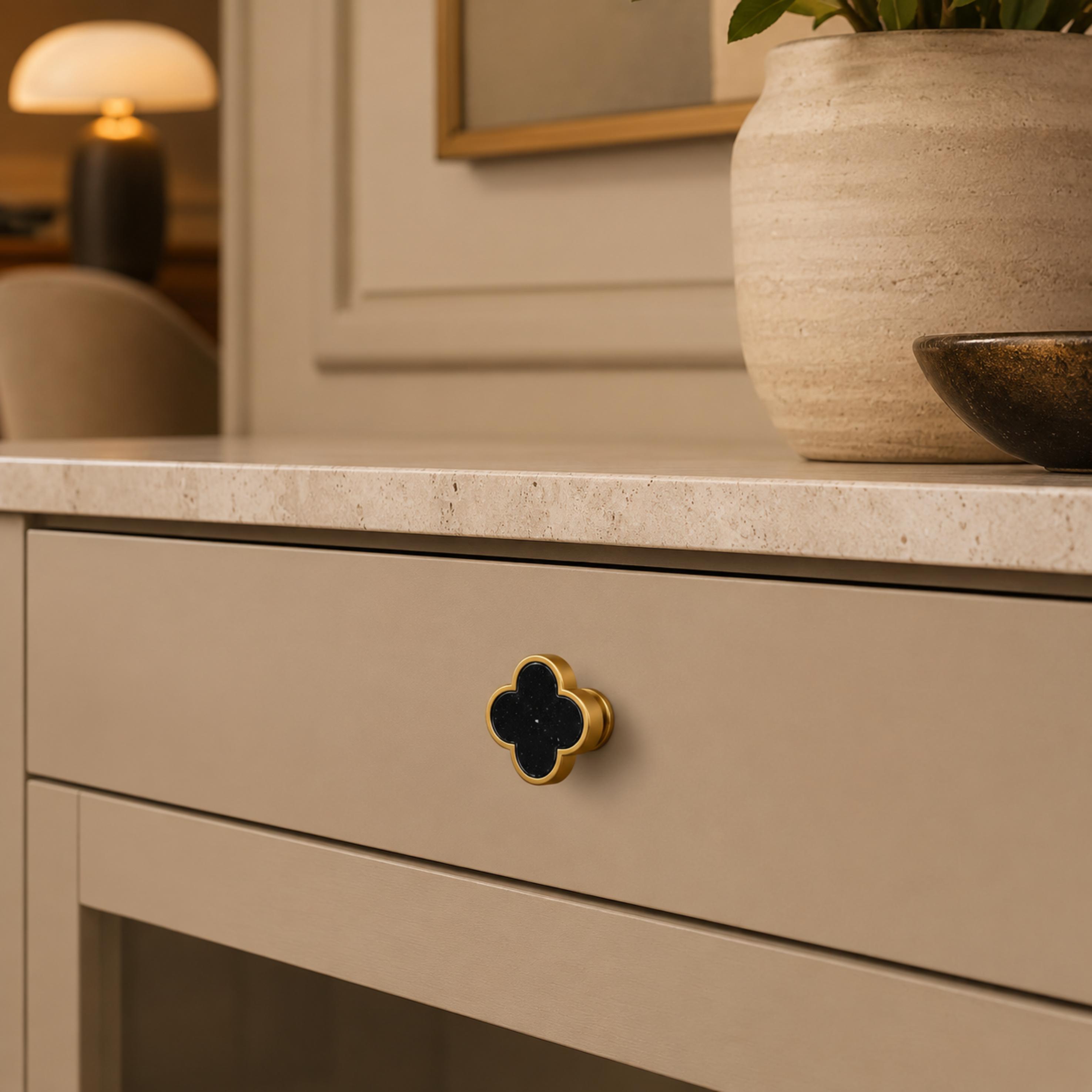Leather & Brass Four-Leaf Clover Cabinet Knob