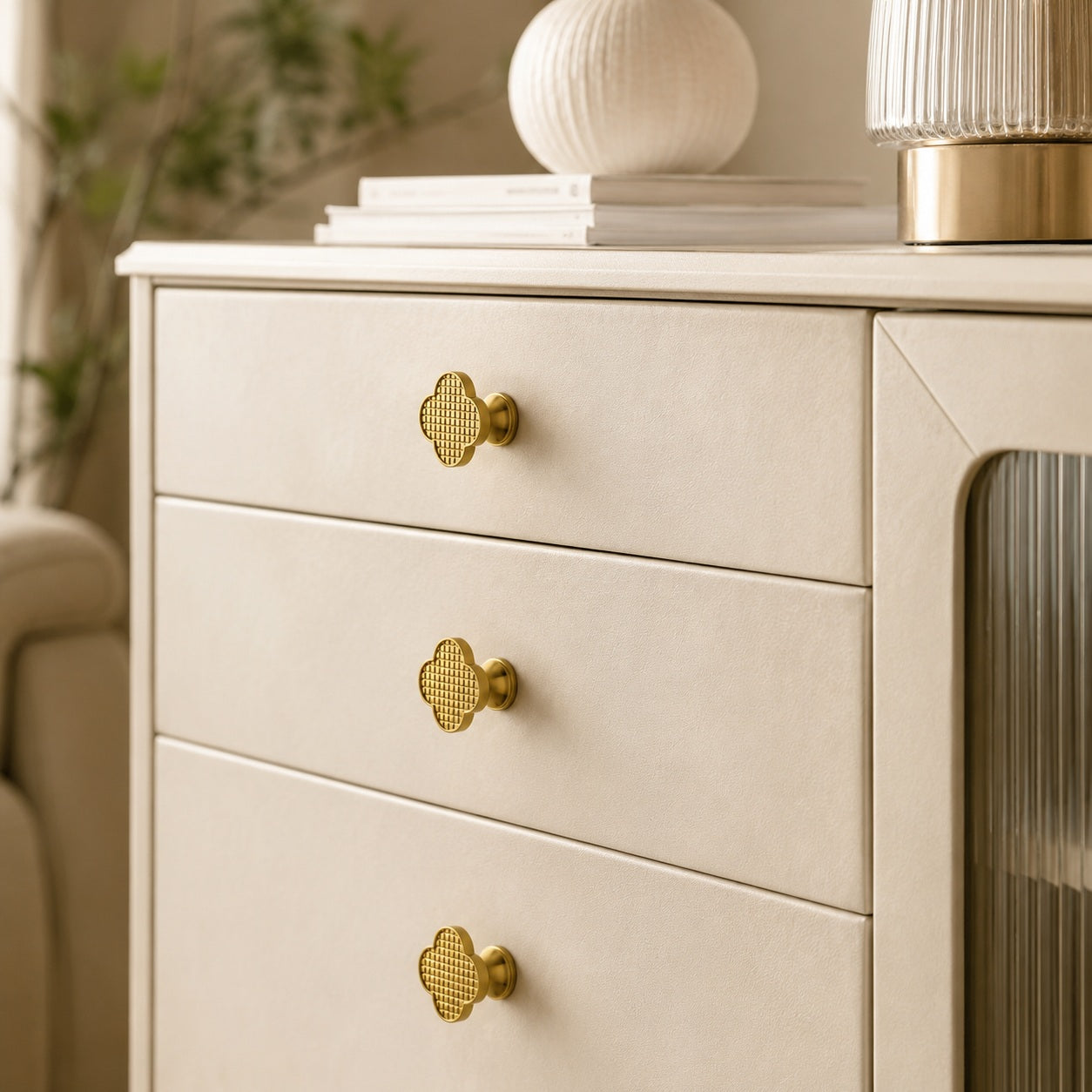 Leather & Brass Four-Leaf Clover Cabinet Knob
