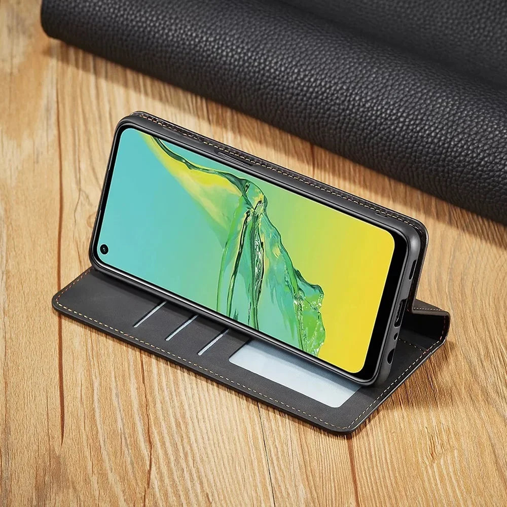 Leather Phone Case Magnetic Flip Closure Integrated Card Holder