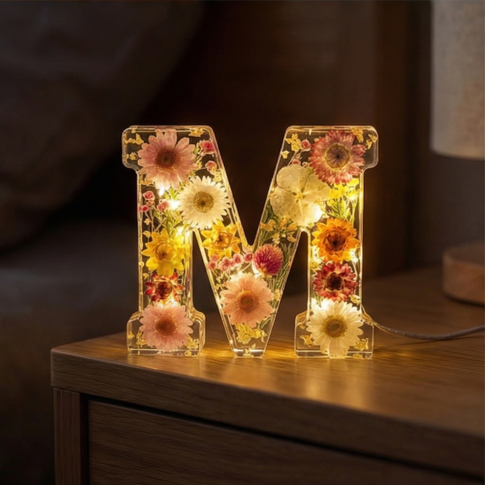 Letter Light Real Dried Flowers Warm LED USB Powered