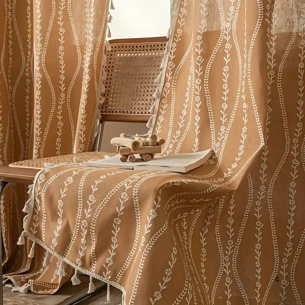 Light-Filtering Microfiber Wheat-Embroidered Tassel Curtain Panel