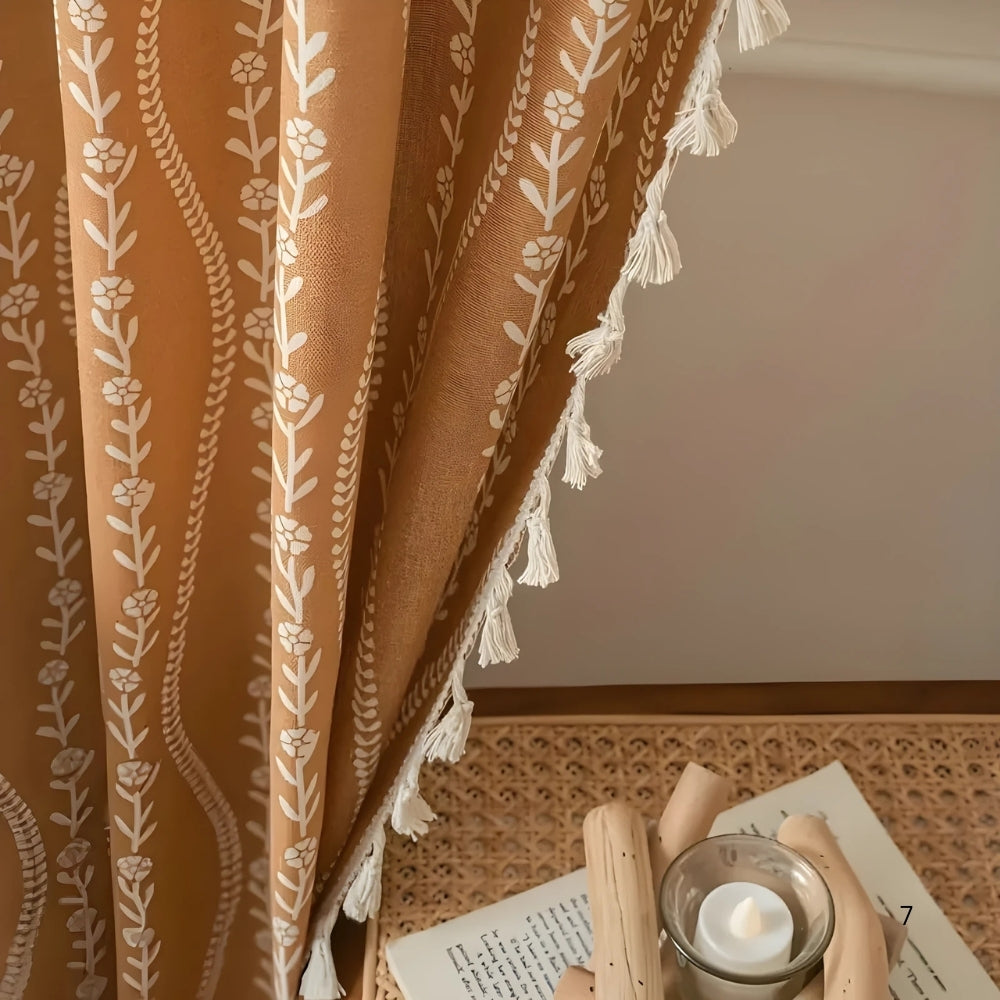 Light-Filtering Microfiber Wheat-Embroidered Tassel Curtain Panel