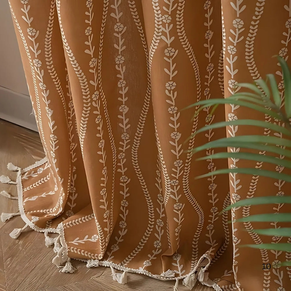Light-Filtering Microfiber Wheat-Embroidered Tassel Curtain Panel
