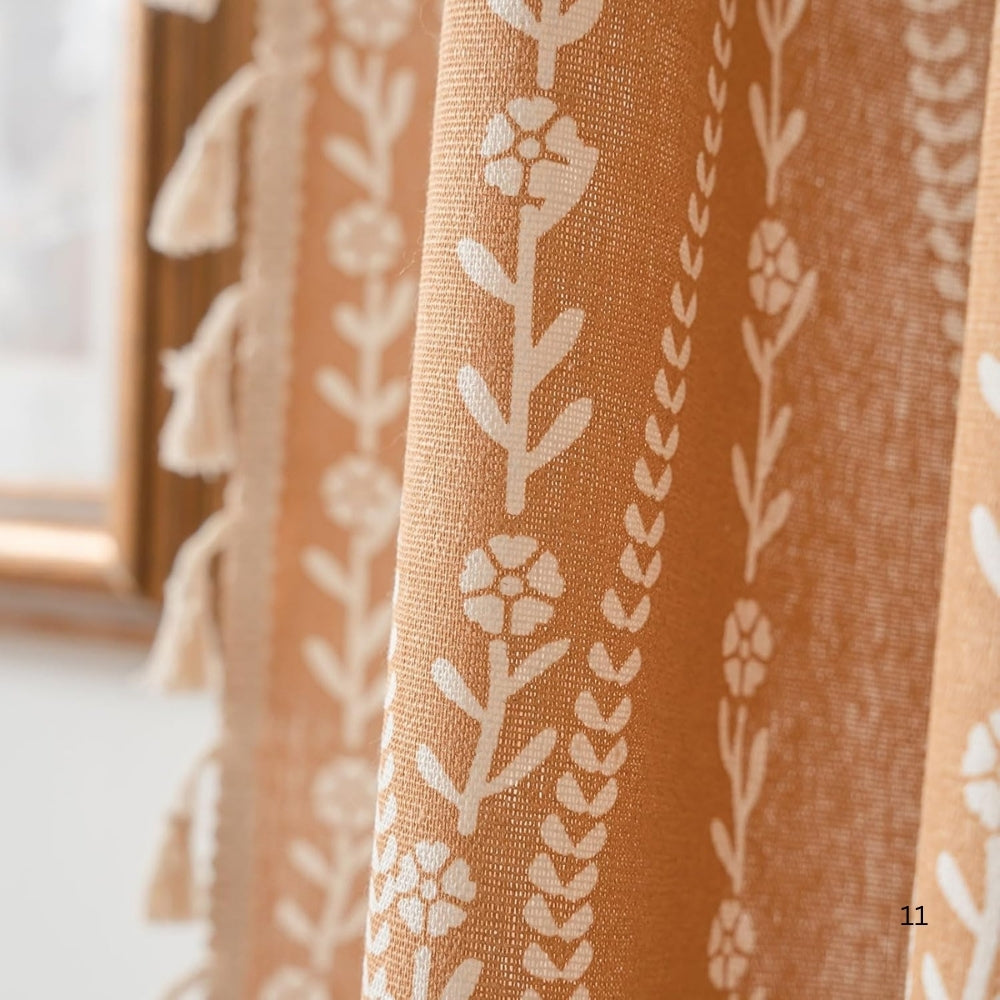 Light-Filtering Microfiber Wheat-Embroidered Tassel Curtain Panel