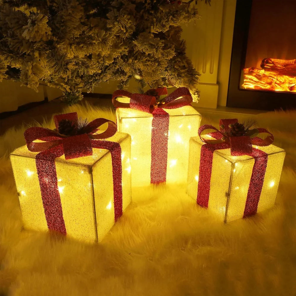 Lighted Gift Boxes Warm LED Battery-Powered Set of 3