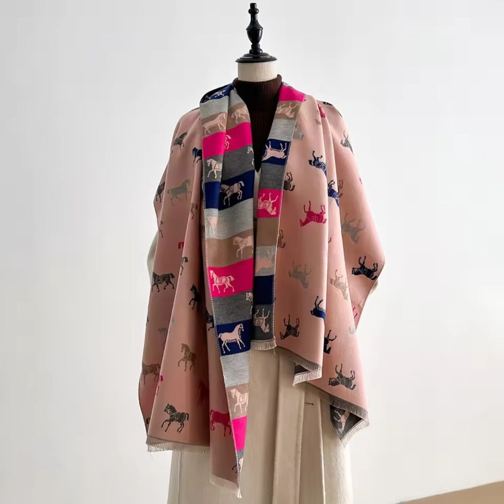 Lightweight Microfiber Fringed Horse Print Shawl Scarf