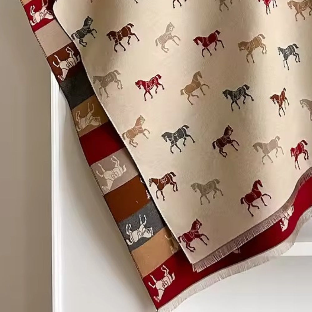 Lightweight Microfiber Fringed Horse Print Shawl Scarf