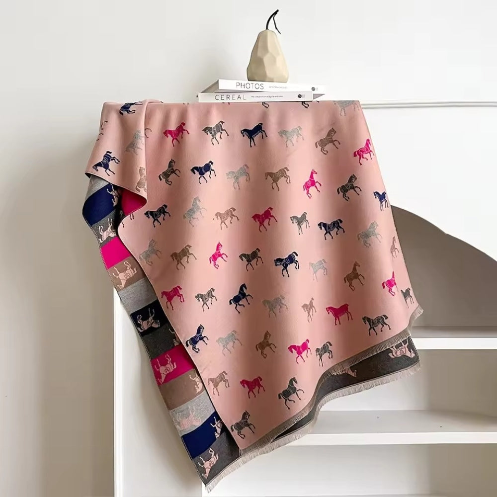 Lightweight Microfiber Fringed Horse Print Shawl Scarf