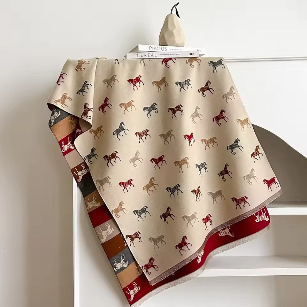 Lightweight Microfiber Fringed Horse Print Shawl Scarf