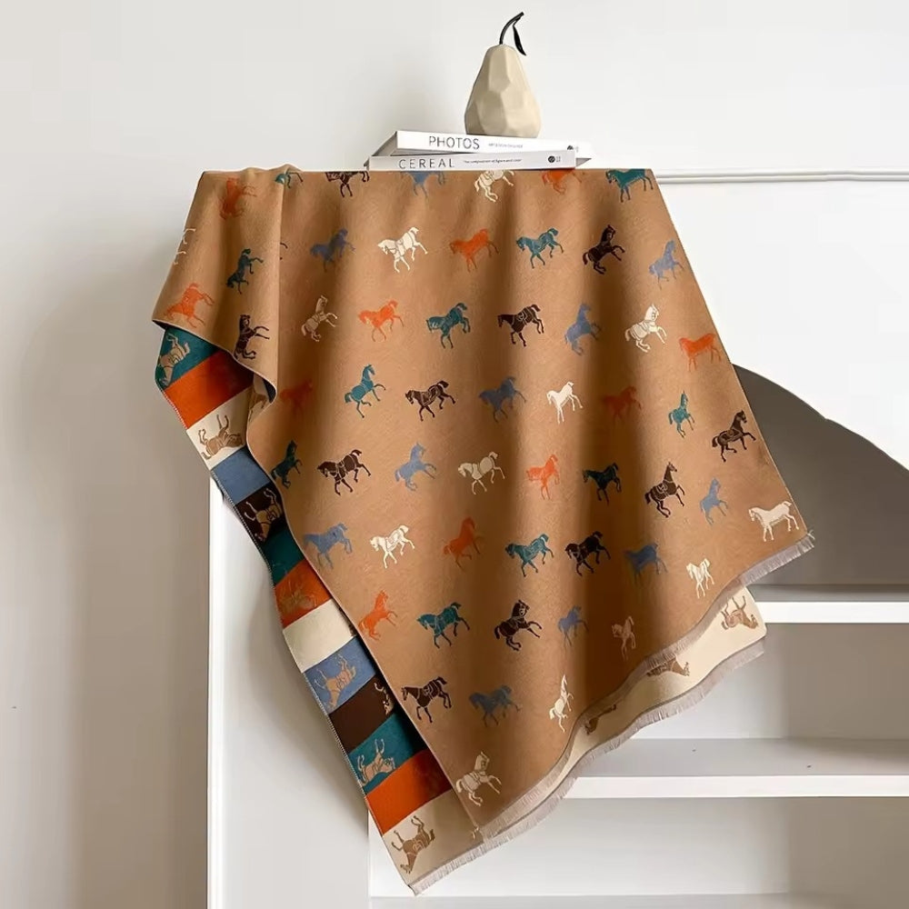 Lightweight Microfiber Fringed Horse Print Shawl Scarf