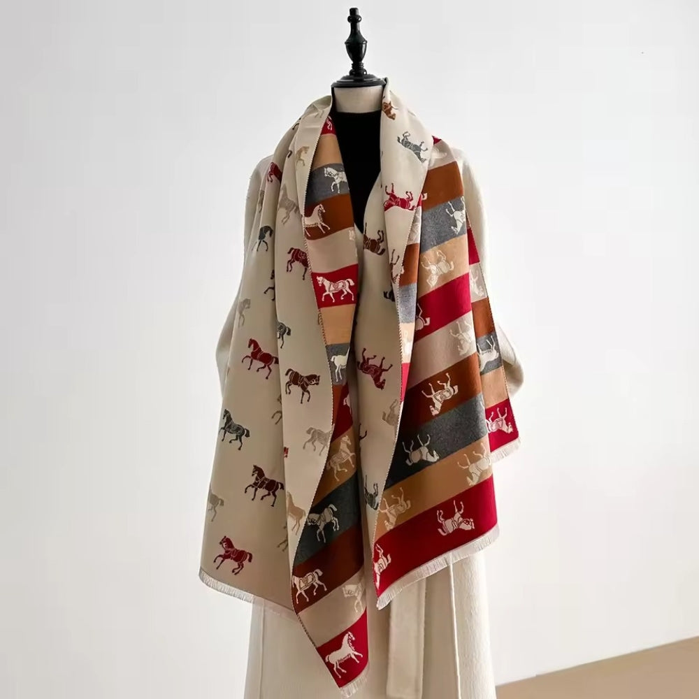 Lightweight Microfiber Fringed Horse Print Shawl Scarf
