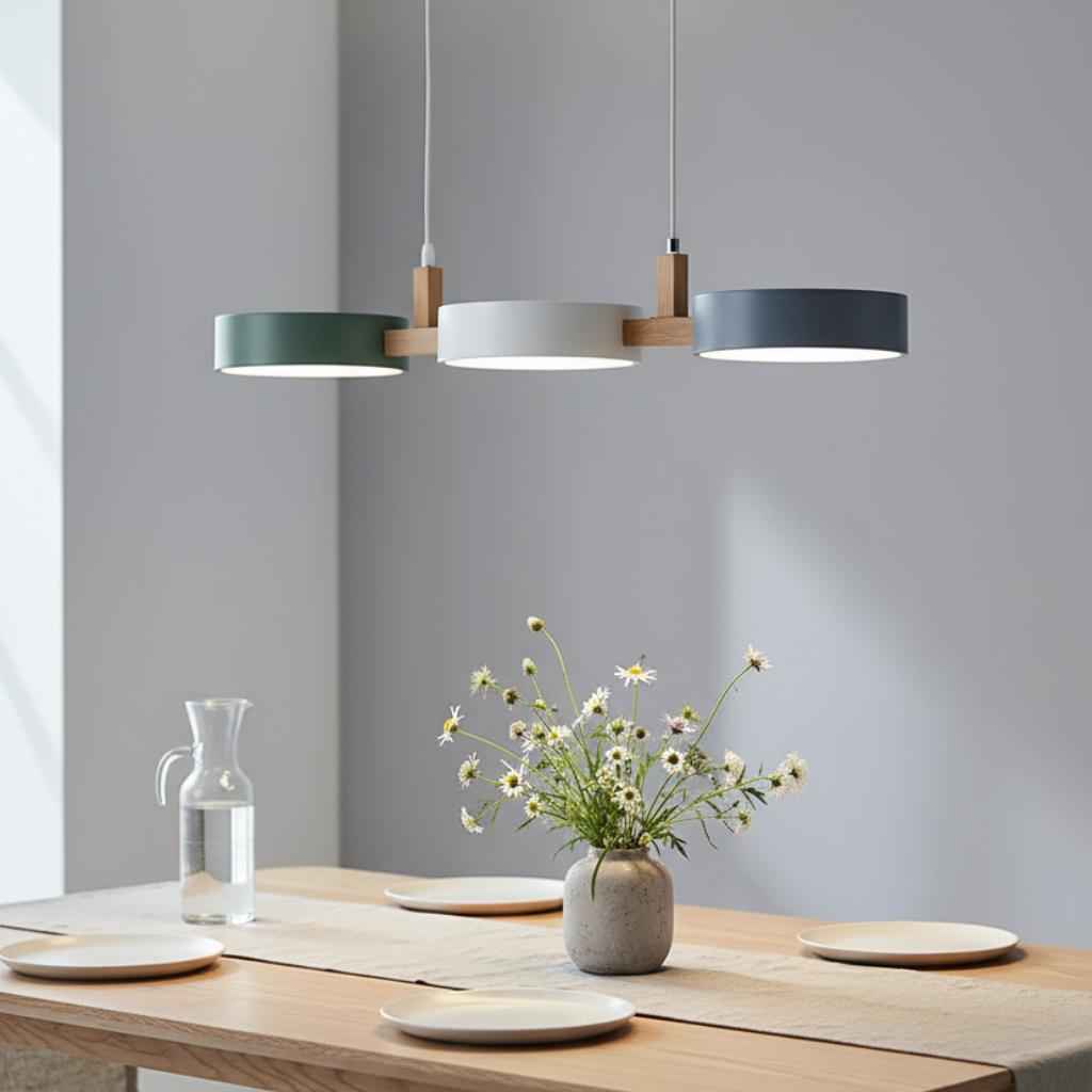 Linear Pendant Light Solid Wood Beam Staggered Metal Shades