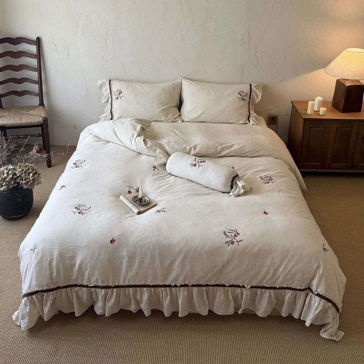 Linen Bedding Set Cherry Embroidery & Ruffled Edge
