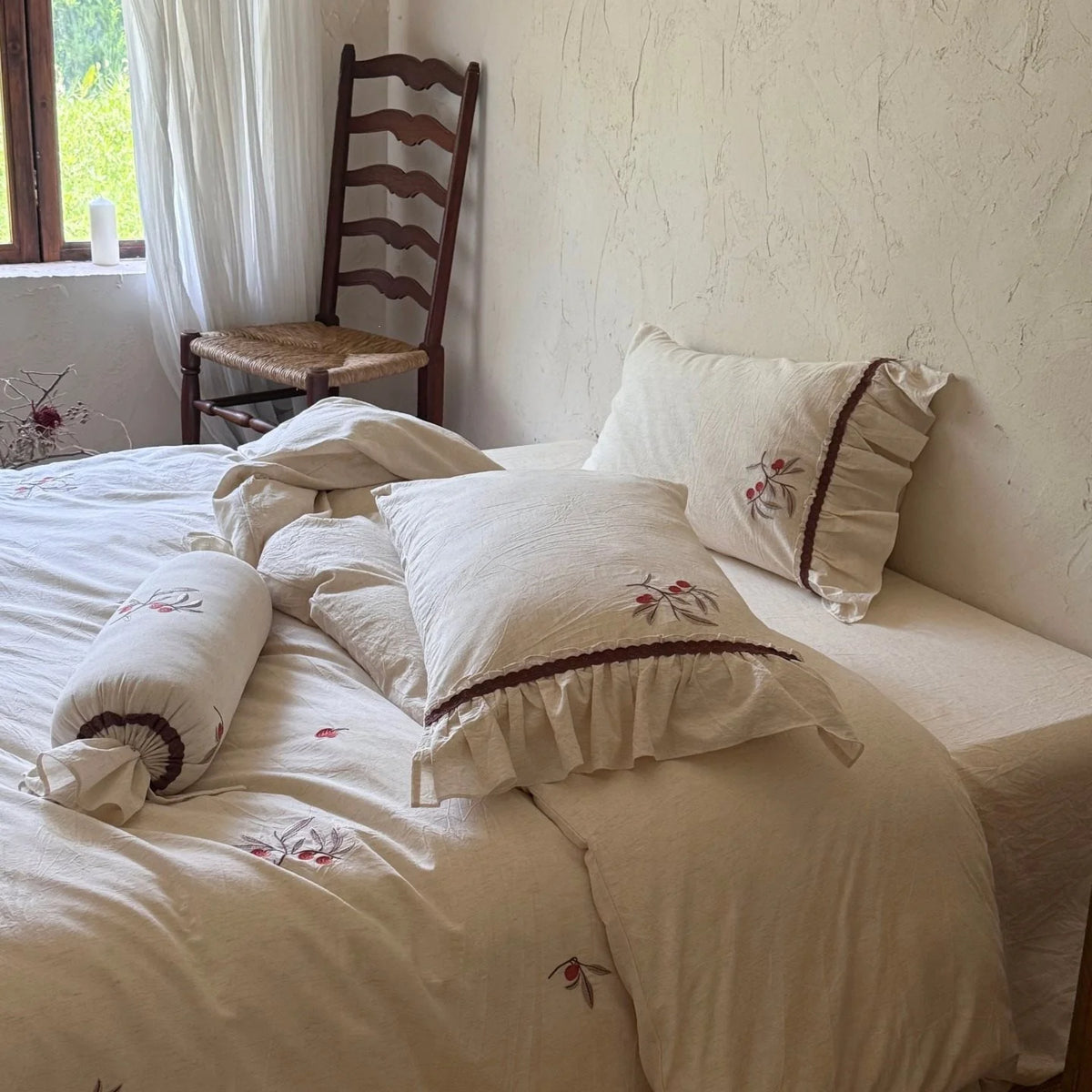 Linen Bedding Set Cherry Embroidery & Ruffled Edge