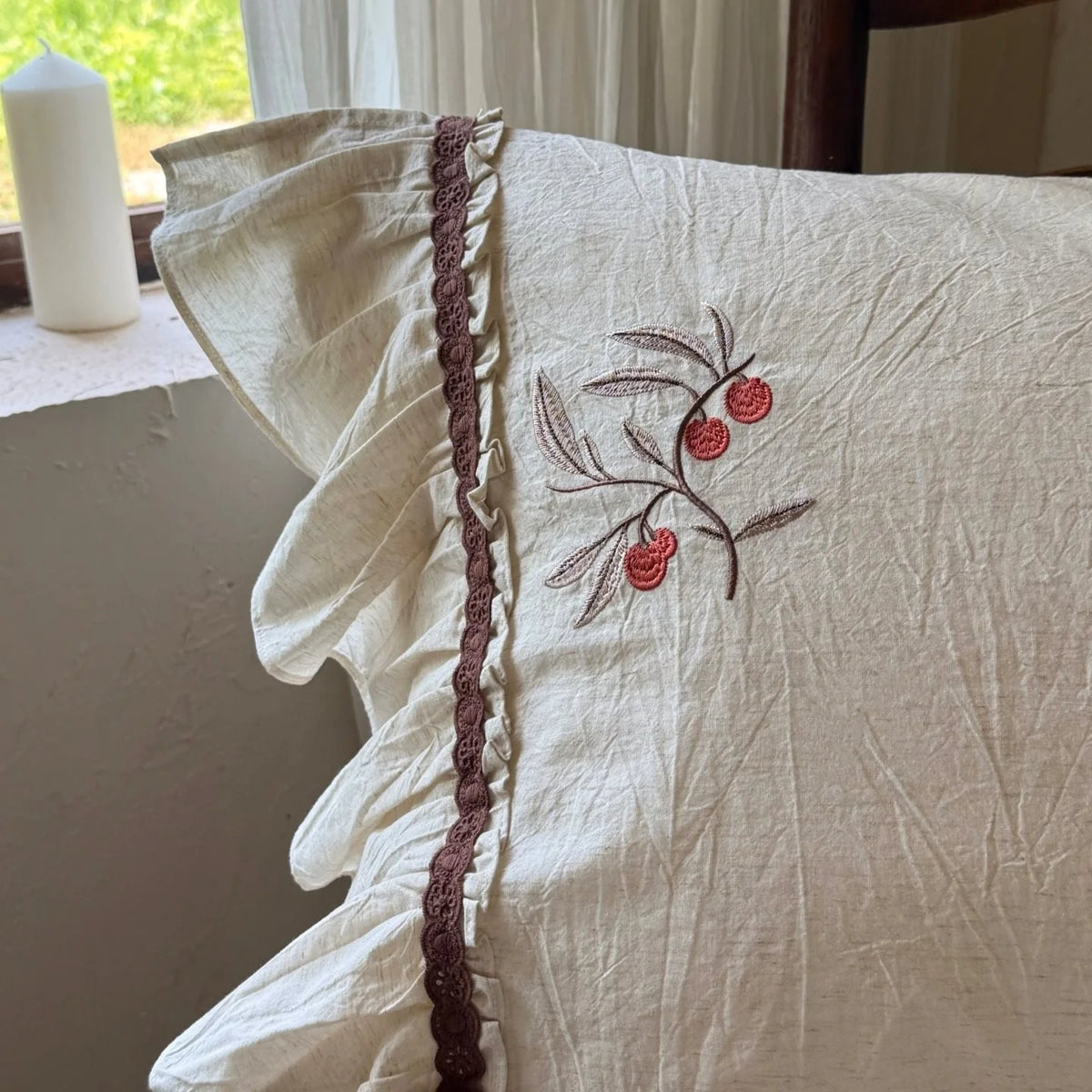 Linen Bedding Set Cherry Embroidery & Ruffled Edge