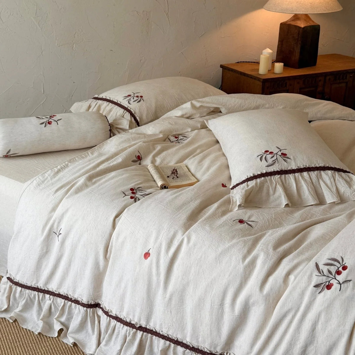 Linen Bedding Set Cherry Embroidery & Ruffled Edge