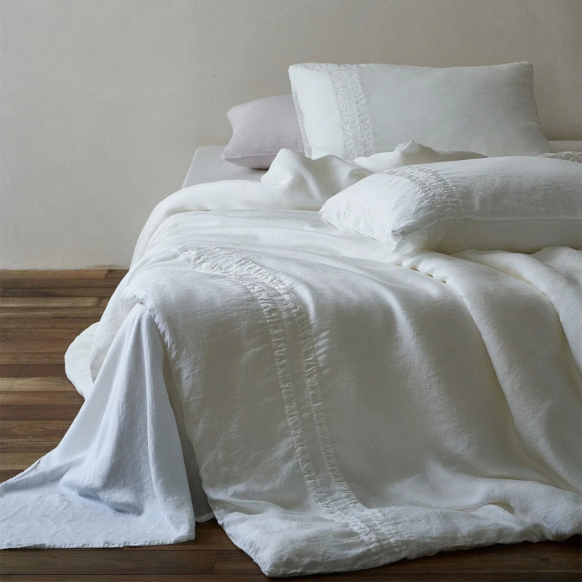 Linen Bedding Set Stonewashed Ruffle Trim Duvet & Pillowcases