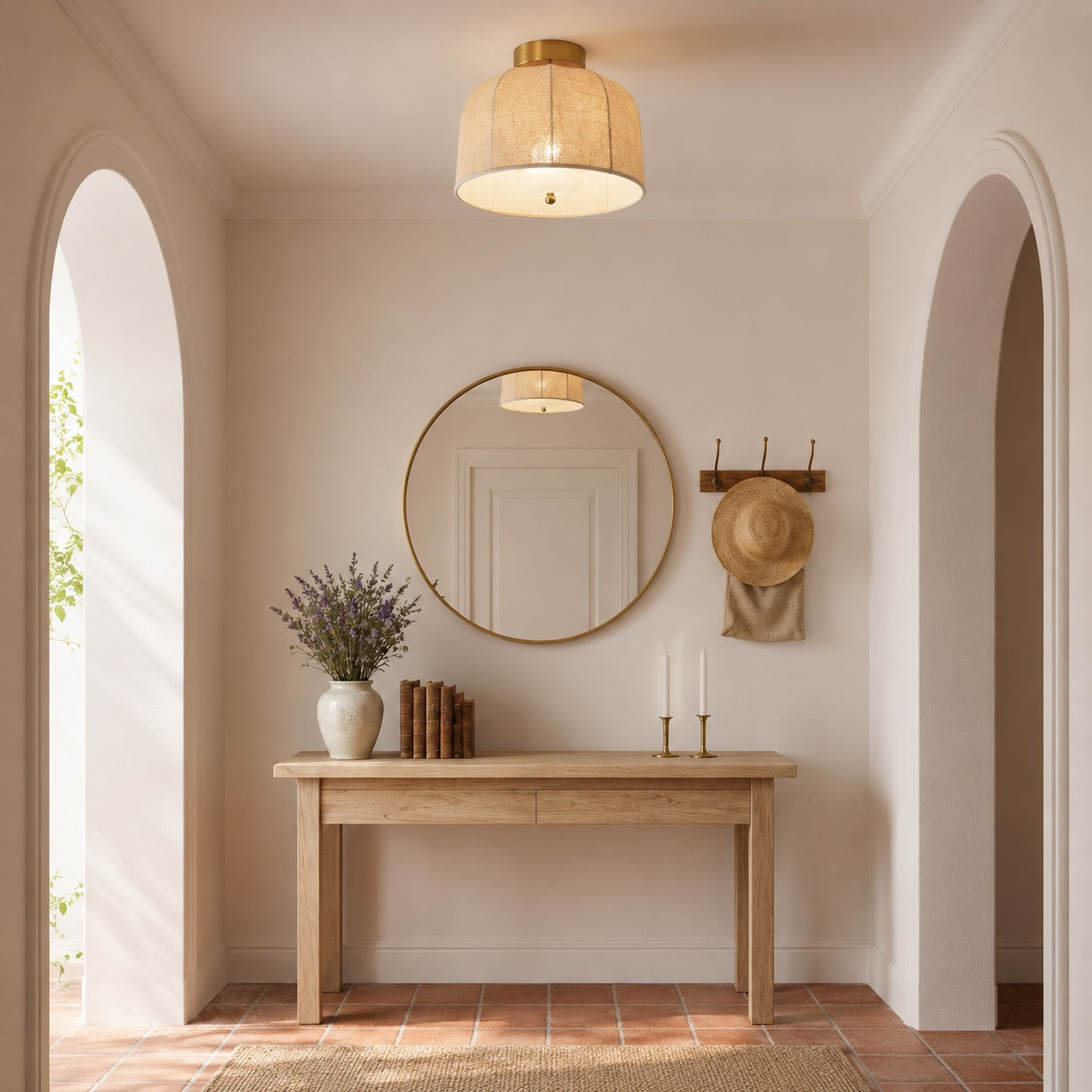 Linen & Gold Flush Mount Ceiling Light (LED Compatible)