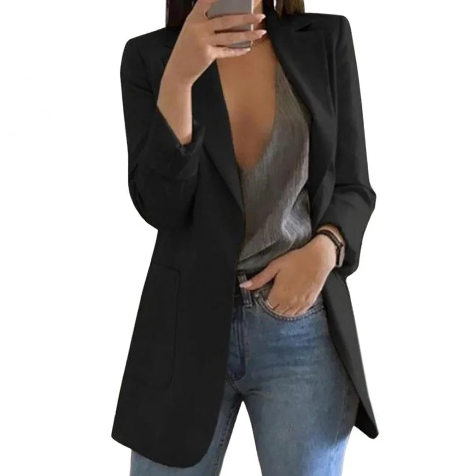 Long Blazer Wool Tailored Open Front Wrinkle-Resistant