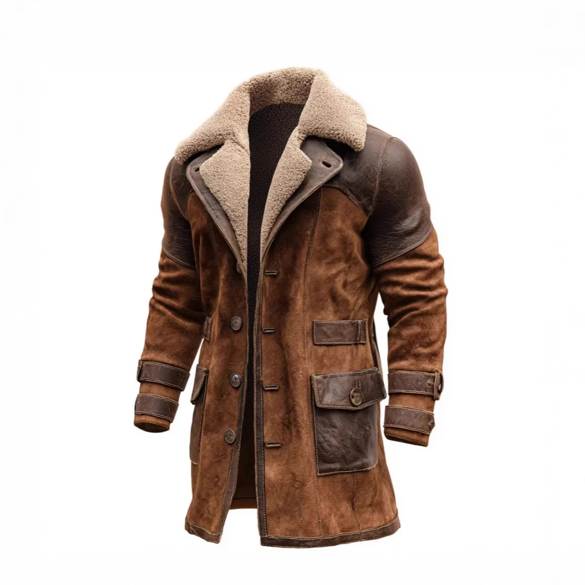 Long Coat Sherpa-Lined Suede-Look Leather Trim