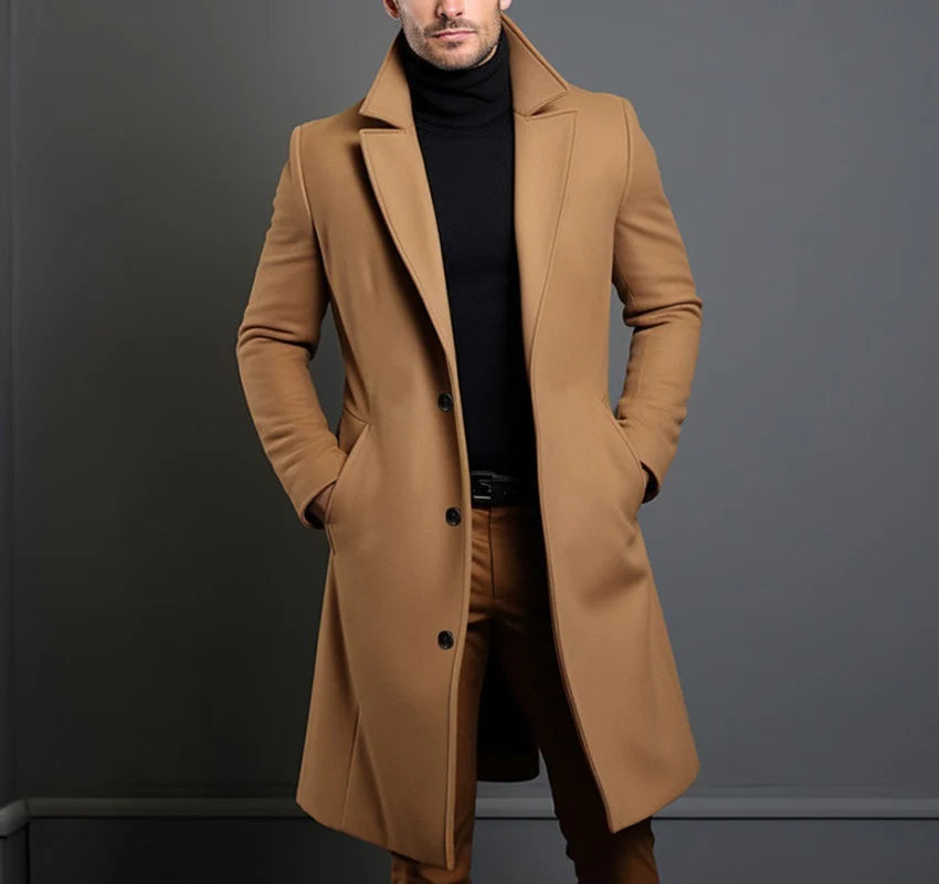Long Coat Wool Blend Tailored Fit Lapel Collar