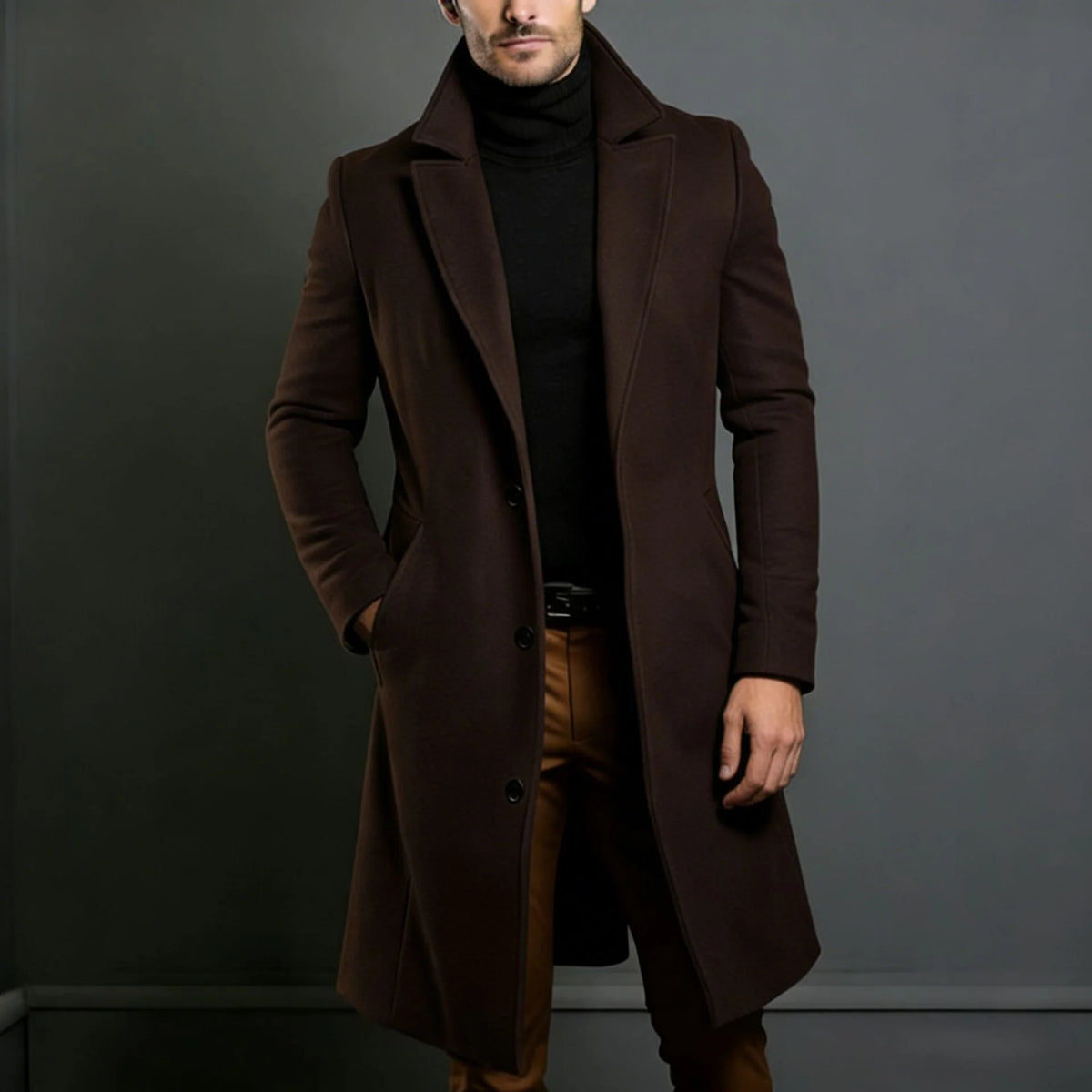 Long Coat Wool Blend Tailored Fit Lapel Collar