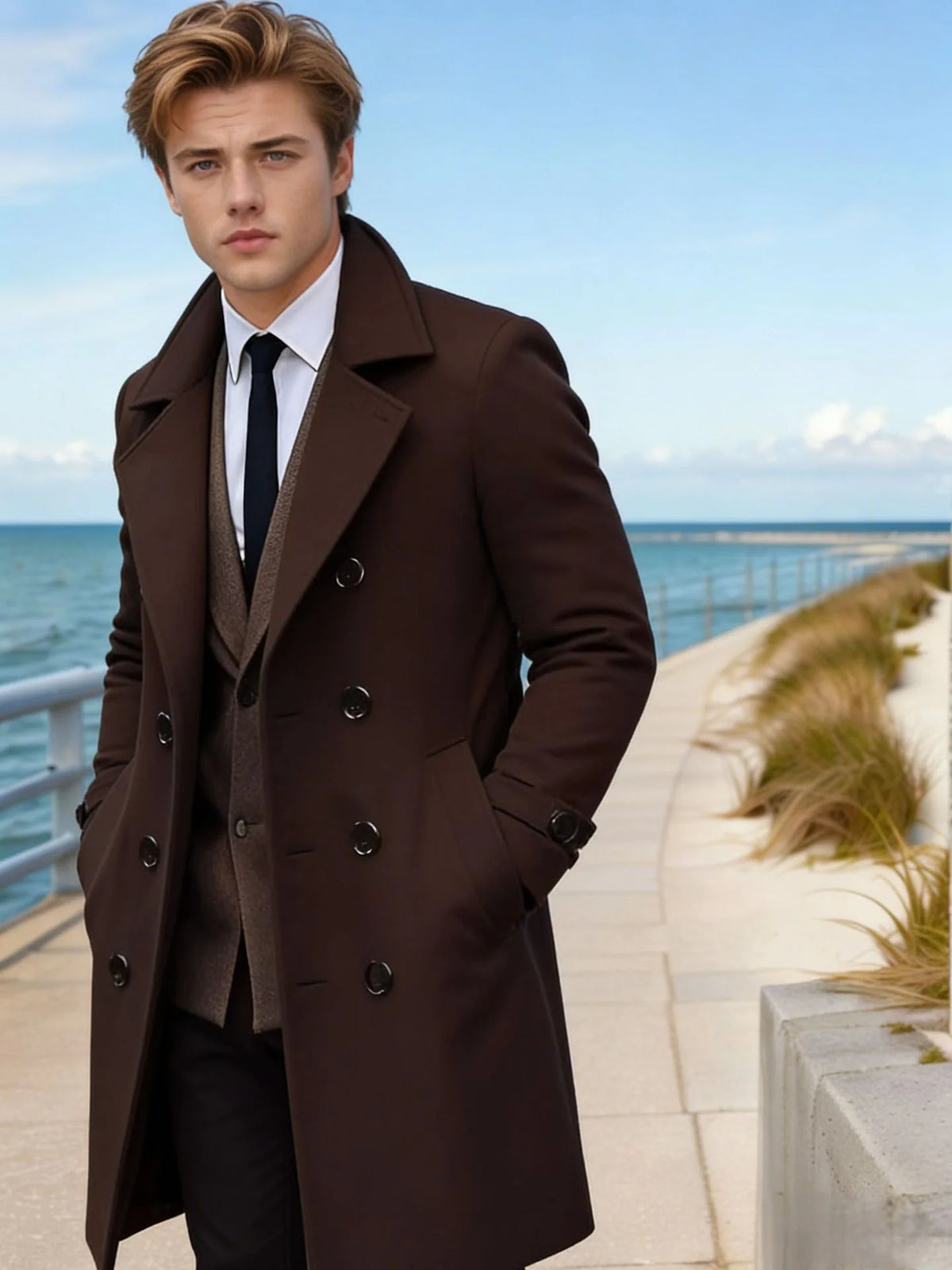 Long Coat Wool Blend Tailored Fit Lapel Collar