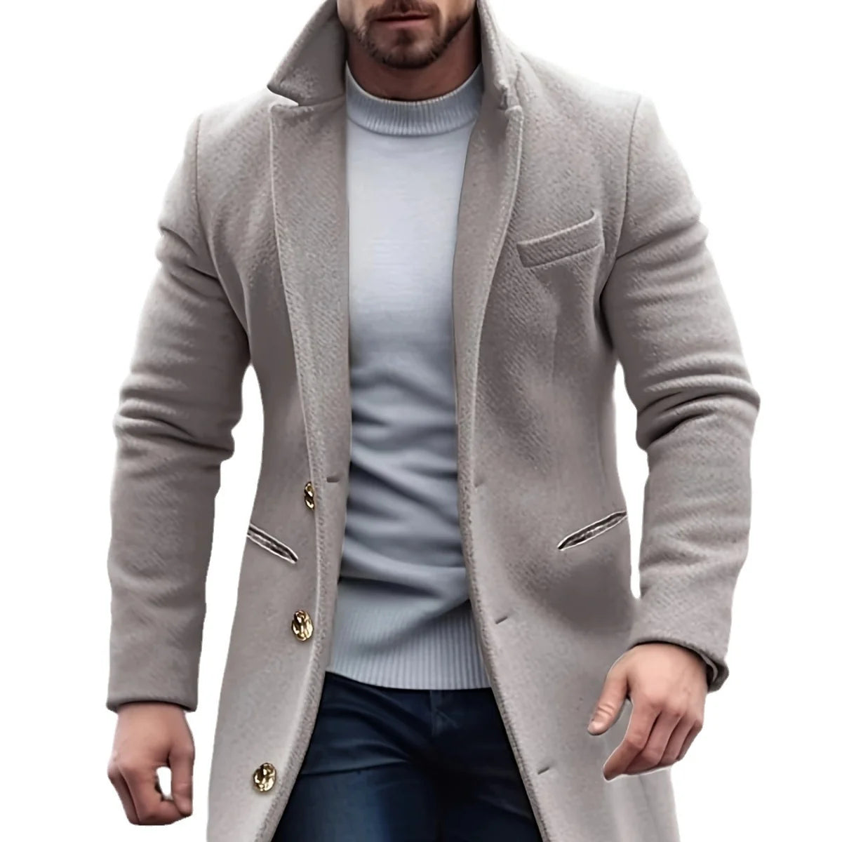 Long Coat Wool Blend Tailored Fit Lapel Collar