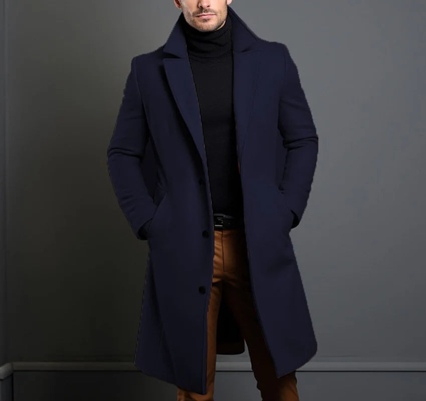 Long Coat Wool Blend Tailored Fit Lapel Collar