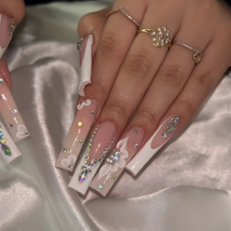 Long Press-On Nails Floral Gems Peel And Stick